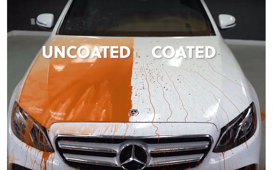 Side-by-side comparison: hydrophobic ceramic coating repels dirt and water on car paint vs dirt adhering to unprotected surface